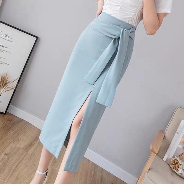 Chân Váy Bút Chì dài 70cm sẻ trước buộc nơ thời trang nữ