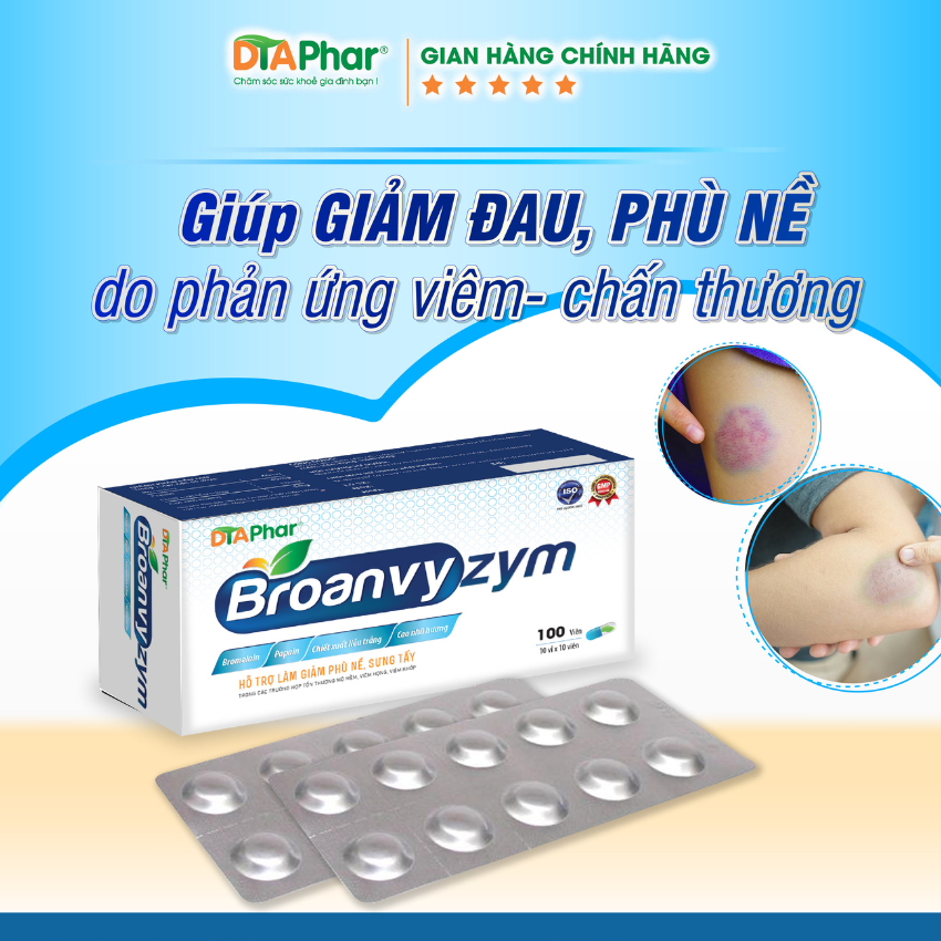 Viên uống Broanvyzym giúp giảm đau phù nề bầm tím sưng đau do phản ứng viêm chấn thương Hộp 100 viên Tâm An Pharma