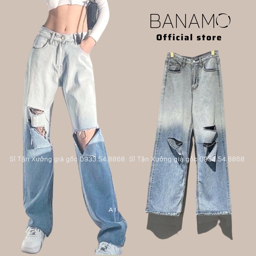 Quần jean nữ xuông rách gối loang màu đậm nhạt siêu đep thời trang Banamo Fashion bò xuông rách gối 9612