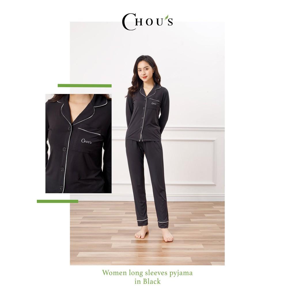 Bộ pyjamas nữ dài tay vải bamboo tự nhiên cao cấp Chou's - màu đen