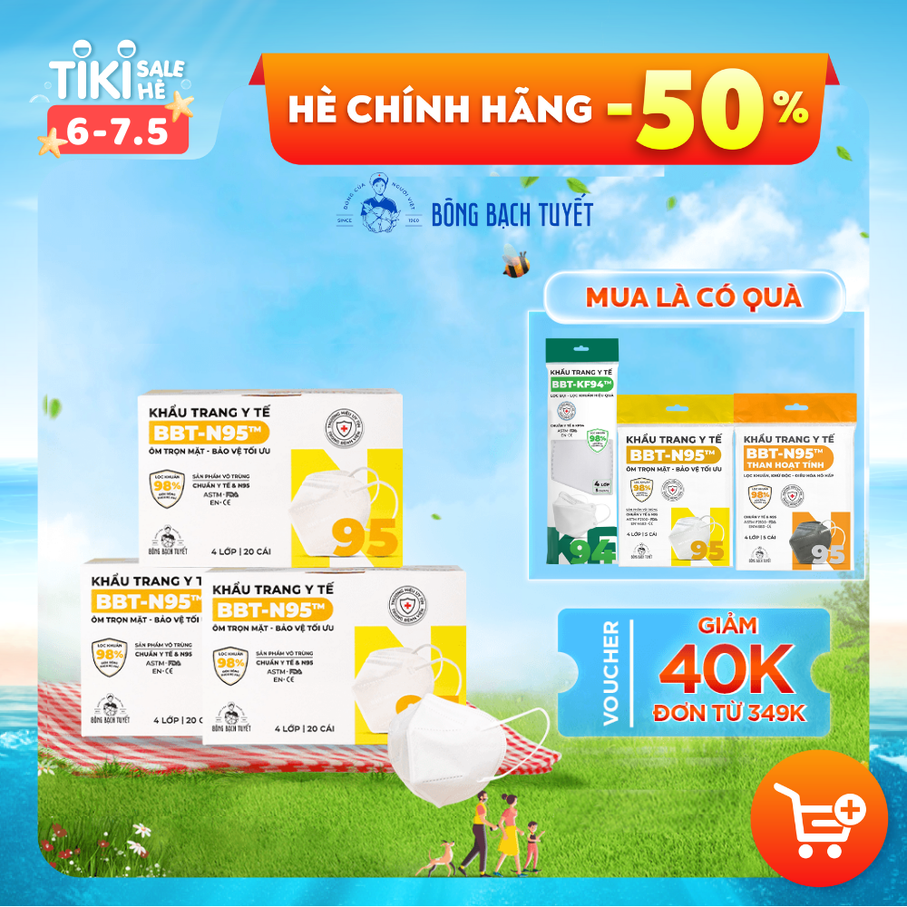 Combo 3 Hộp Khẩu Trang Bông Bạch Tuyết N95 - Trắng (20 cái/hộp)