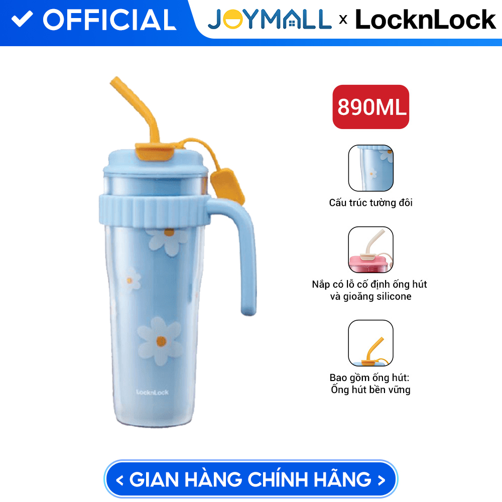 Ly nhựa 2 lớp có tay cầm 890ml LocknLock màu xanh HAP538LBLU, Hàng chính hãng, họa tiết dễ thương, kèm ống hút silicone - JoyMall