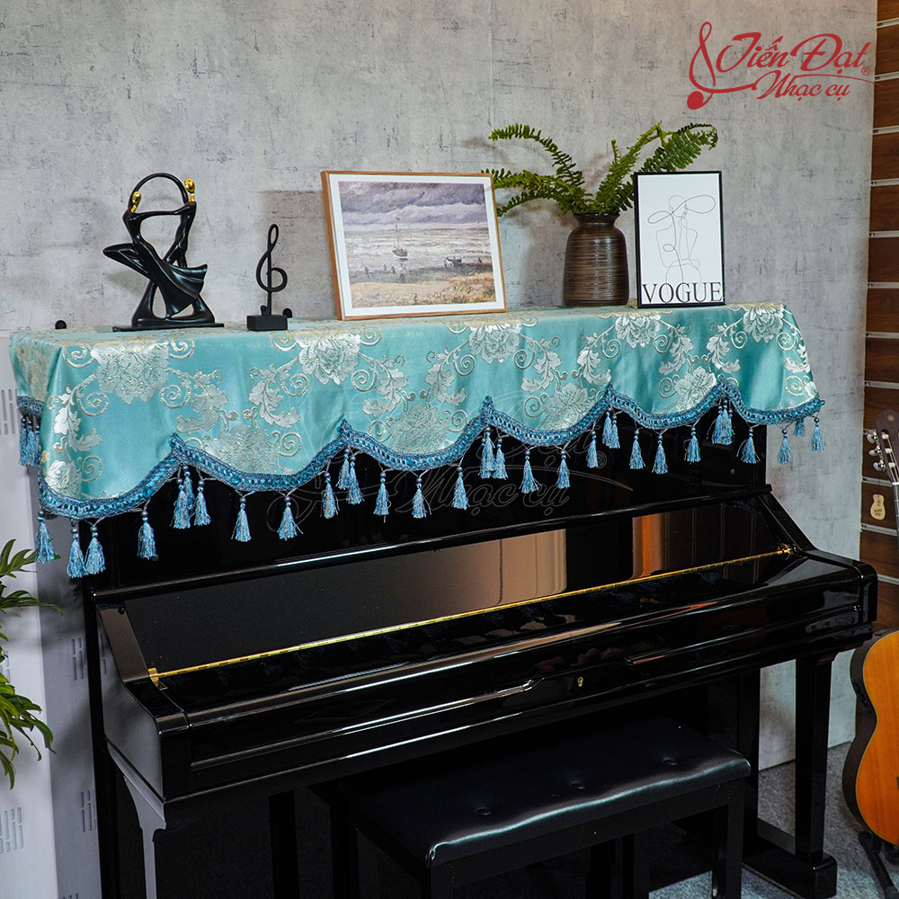 Khăn Phủ Đàn Piano Xanh Ngọc Lam, Tua Rua Chùm KU-019