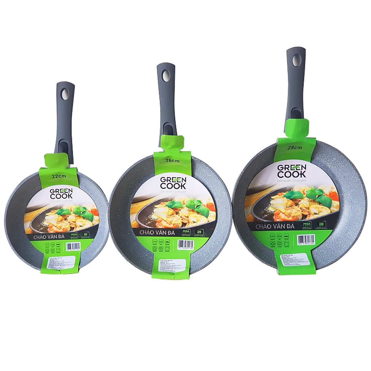 Chảo vân đá đáy từ chống dính CAO CẤP GreenCook Size 20 22 24 26 28 30cm