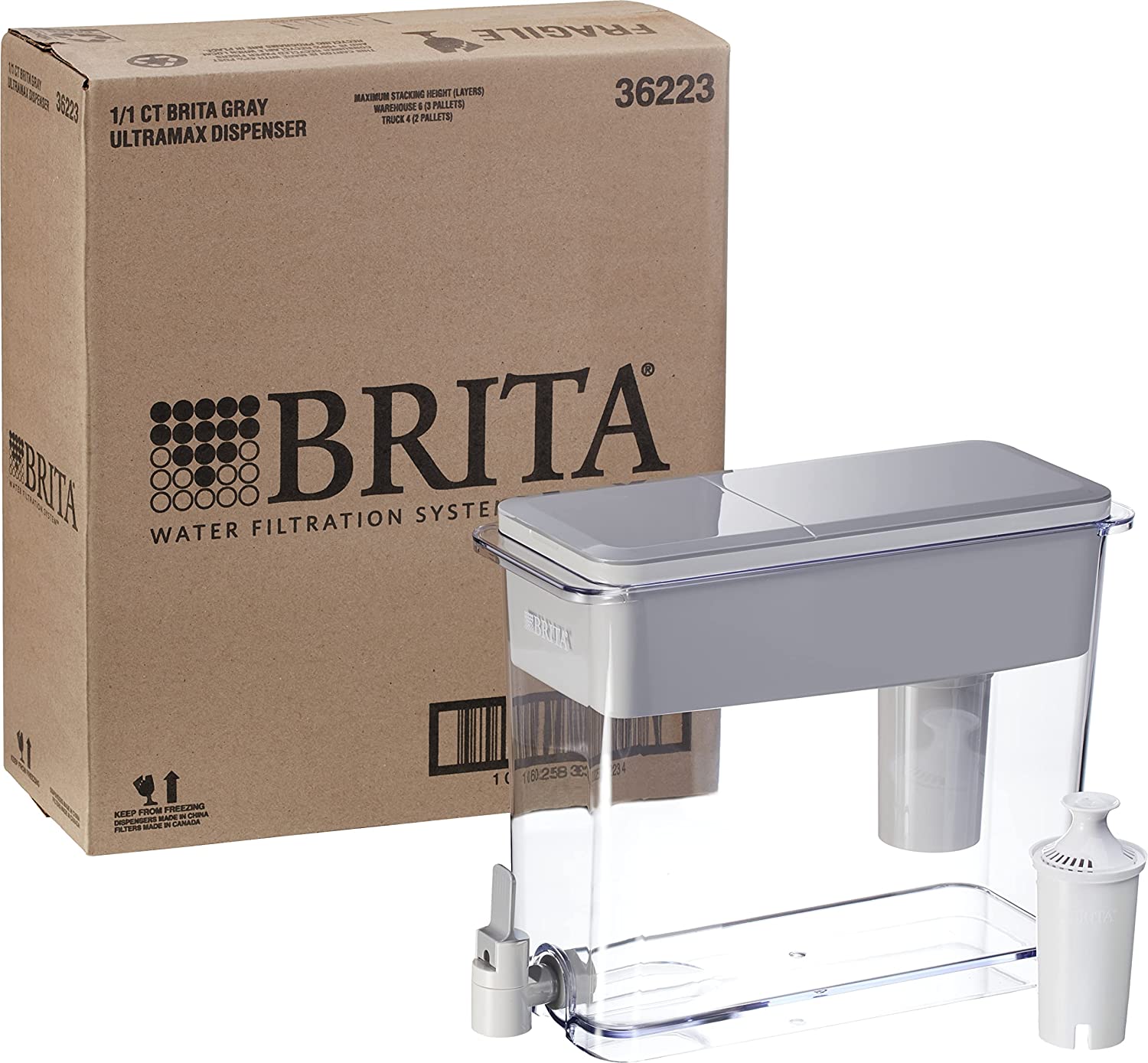 B R I T A Extra Large 18 Cup Filtered Water Dispenser with 1 Standard Filter, Made without BPA, UltraMax, Gray
