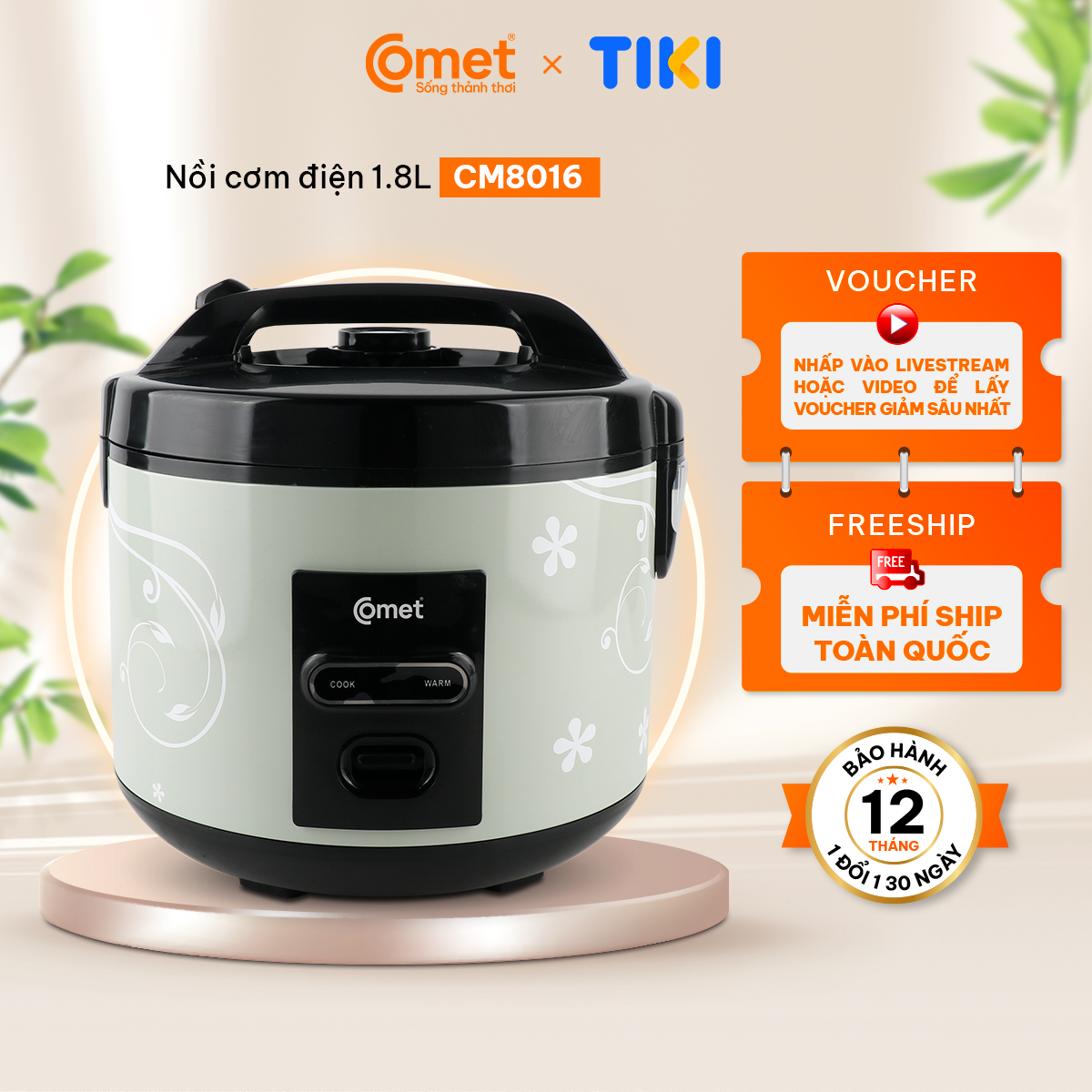 Nồi cơm điện Comet CM8016 dung tích 1.8L – Công suất 700W, chống dính cao cấp, giữ ấm 5 giờ – Bảo hành hàng chính hãng 12 tháng