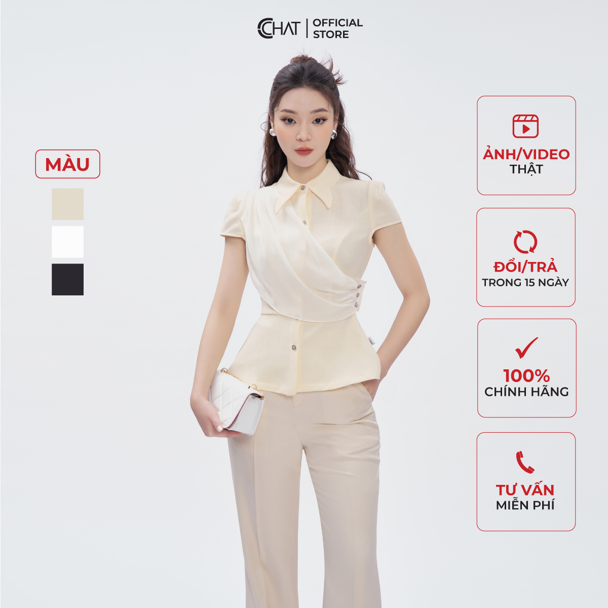 Áo Kiểu Nữ CCHAT Dáng Peplum Chất Tuytsi Cao Cấp 53FNS8008PT