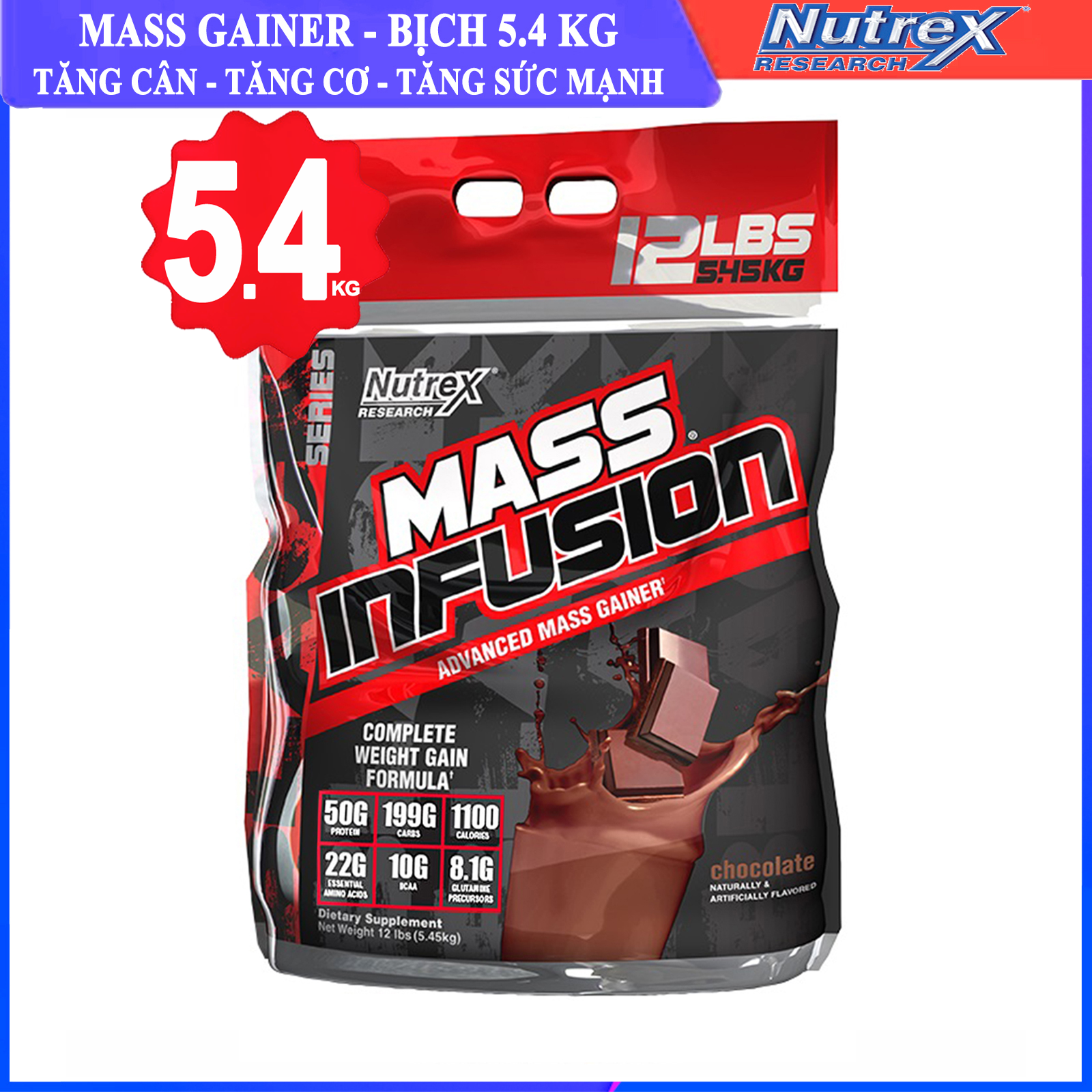 Sữa tăng cân tăng cơ Mass Infusion của Nutrex bịch Lớn 5.45kg hỗ trợ tăng cân, tăng cơ cho người gầy kén ăn, khó hấp thụ thức ăn tự nhiên