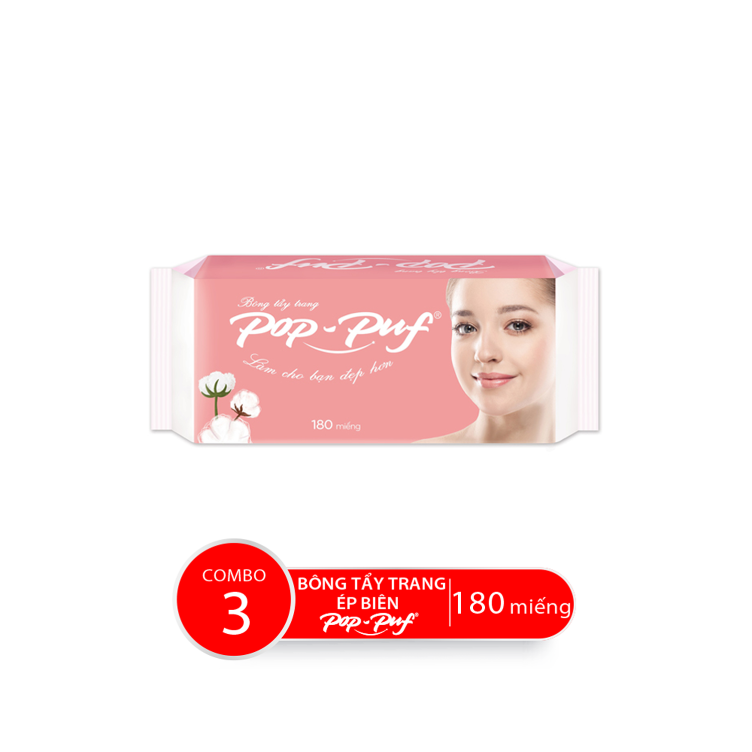 Combo Bao Bông Tẩy Trang Ép Biên POP-PUF, 180 Miếng/Bao