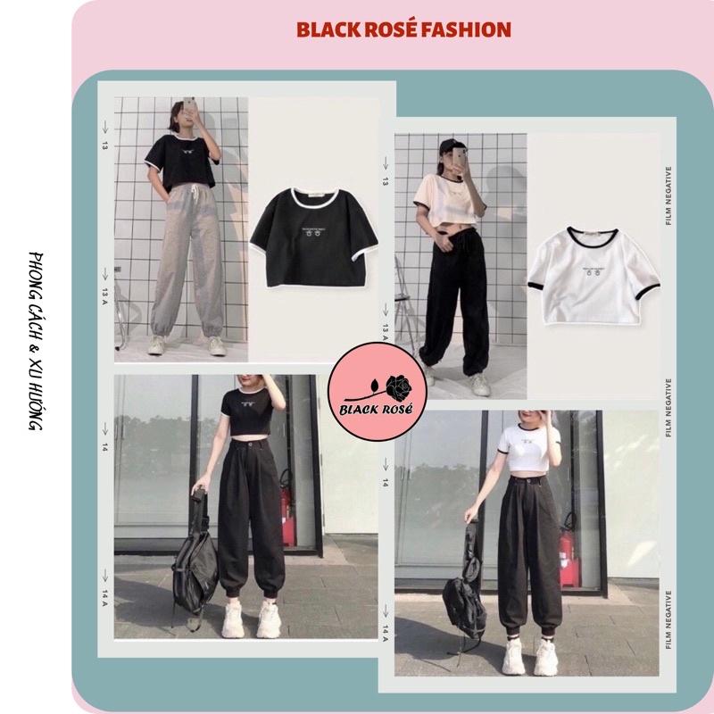 Áo Croptop Nữ Kiểu Dáng Ôm Ngắn Tay Thun Gân Có Viền Cổ Tròn Màu Trắng Đen Phong Cách Hàn Quốc Hot Trend 002