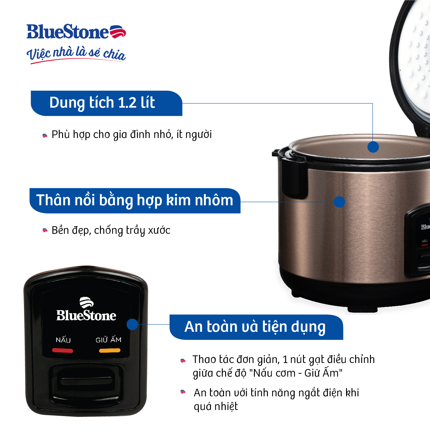 Nồi cơm điện Bluestone RCB-5512 (1.2 Lít) - Hàng chính hãng
