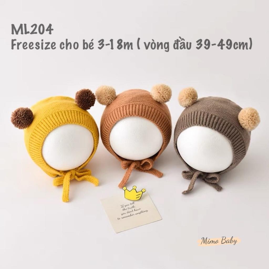 Mũ nón len buộc dây đính quả bông xinh xắn cho bé ML204 Mimo Baby