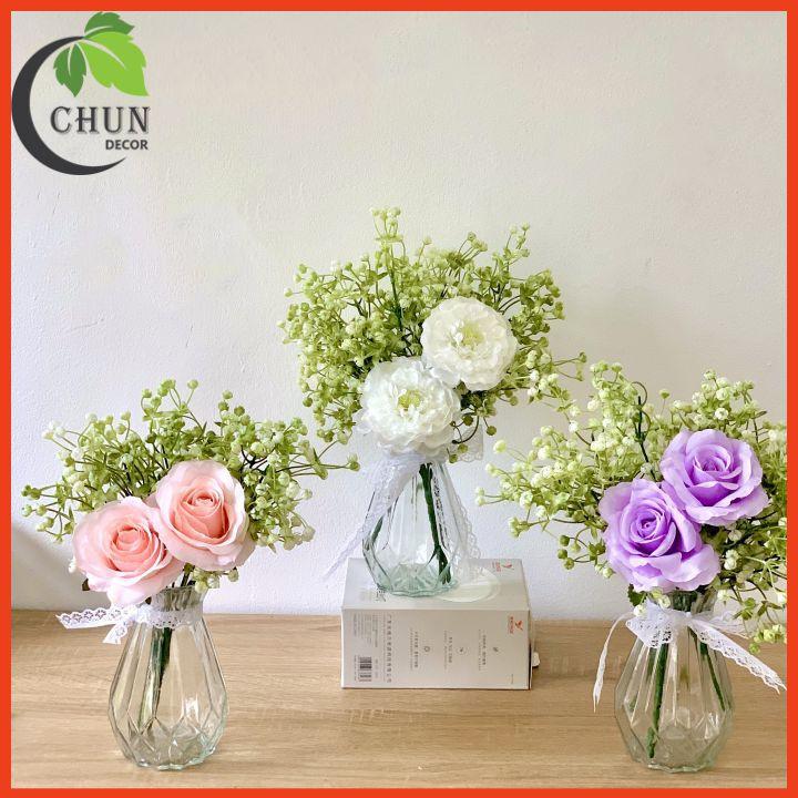 Bình Hoa Thủy Tinh, Bình Hoa Cắm Sẵn Hoa Hồng Cao 32Cm Trang Trí Bàn Trà Bàn Tiệc Bàn Trang Điểm Kệ Tủ