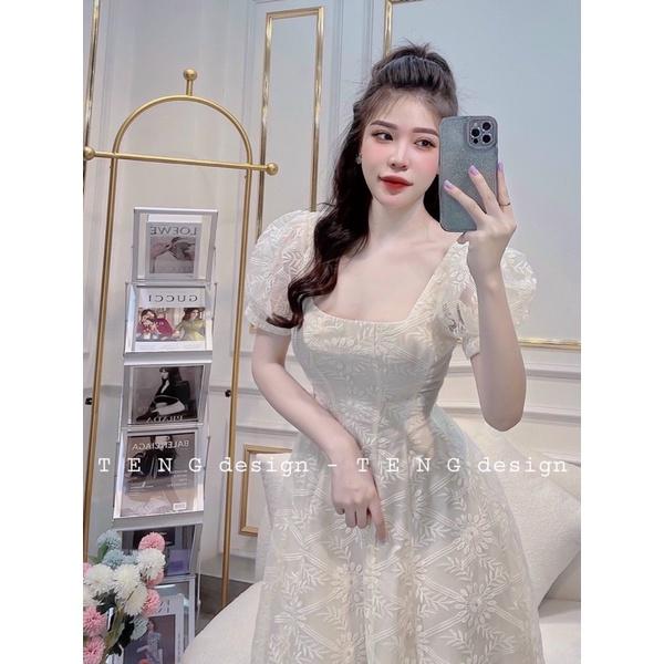 VÁY HOA REN XOÈ DÀI TAY BỒNG CỔ VUÔNG