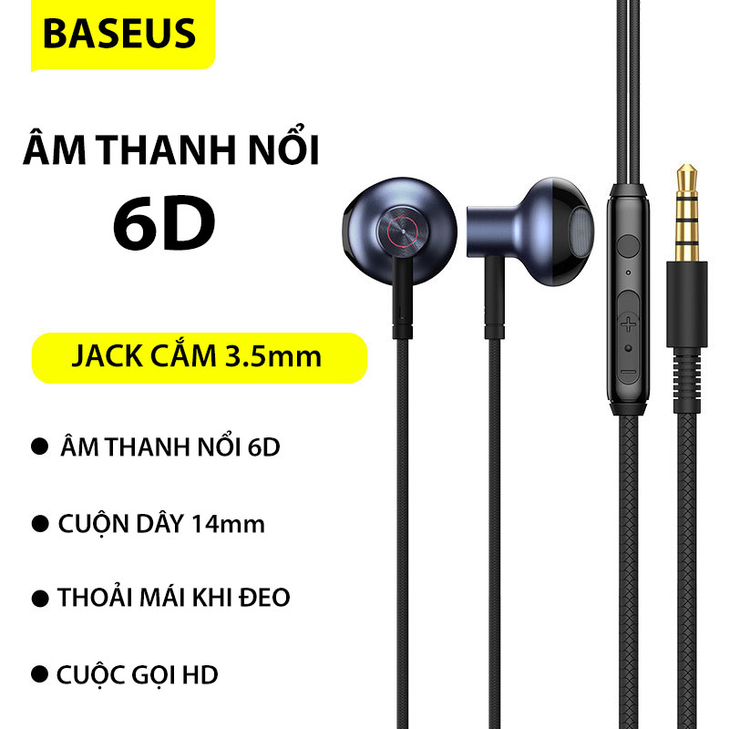 Tai nghe AUX 3.5mm Baseus Encok H19 Wired Earphone  - Âm thanh sông động 6D - Chống ồn tốt  - Tích hợp ECM microphone - Điều khiển từ xa - Hàng chính hãng