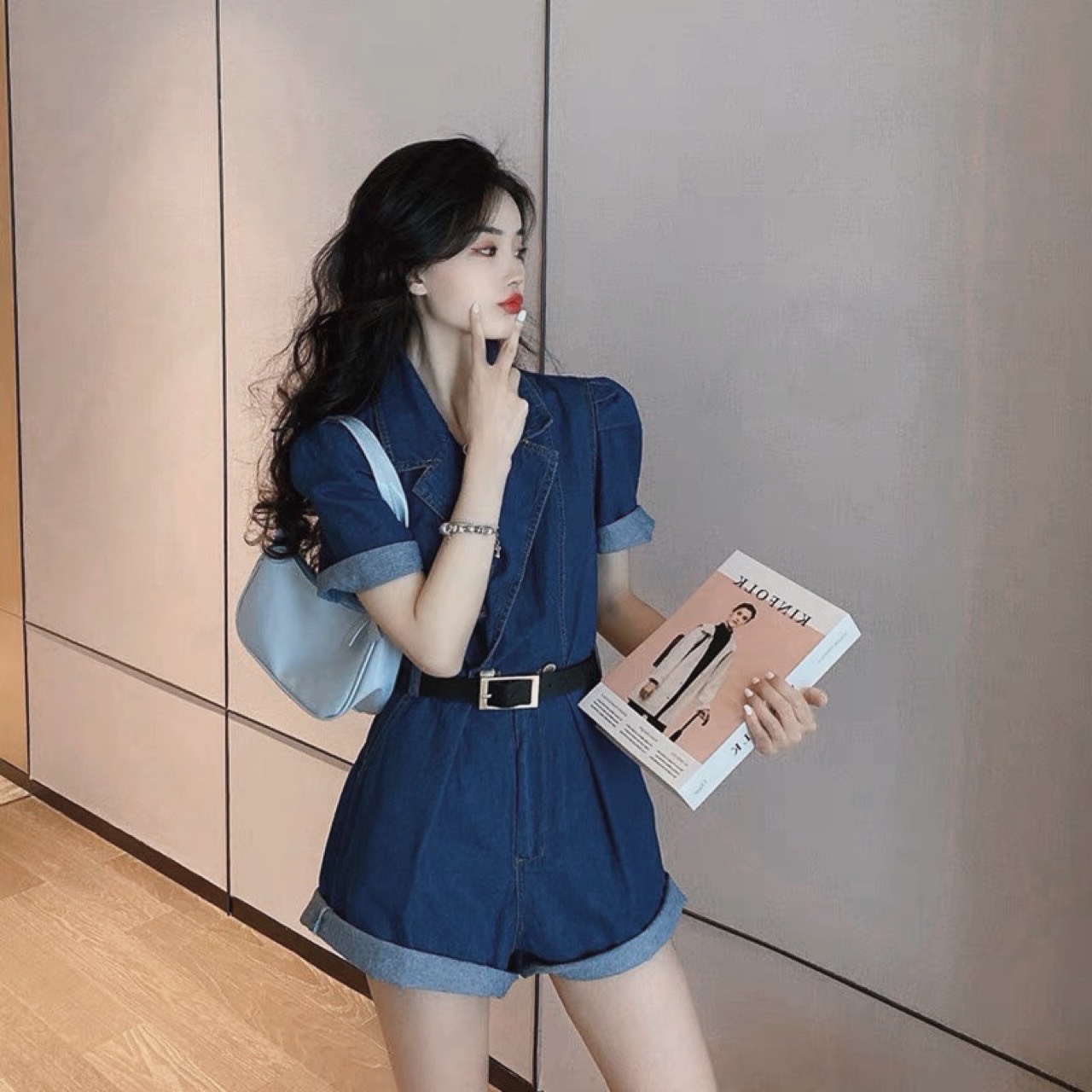 ĐẦM QUẦN JUMPSUIT JEANS DENIM SUÔNG TRƠN CỔ V SƠ MI ĐỒ BAY + DÂY NỊT ĐI BIỂN DẠO PHỐ ĐI CHƠI DỰ TIỆC