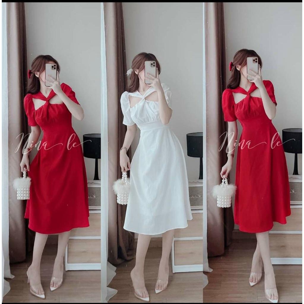 Đầm xoè midi tiểu thư cổ xoắn ngực siêu xinh