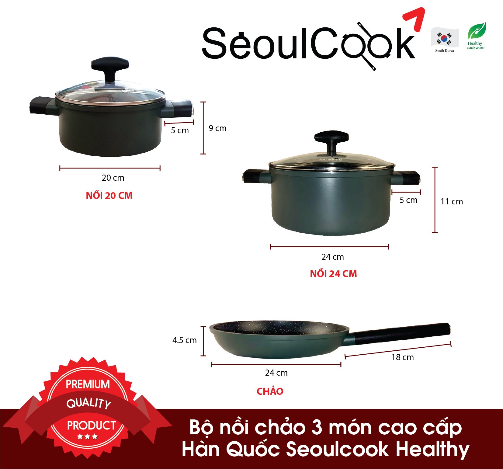 Bộ nồi chảo SH1 4 món, nồi 20cm + nồi 24cm + chảo 24cm + chảo vuông 15x20cm đáy từ/ Induction Seoulcook Hàn Quốc, dùng được tất cả các loại bếp – Hàng chính hãng