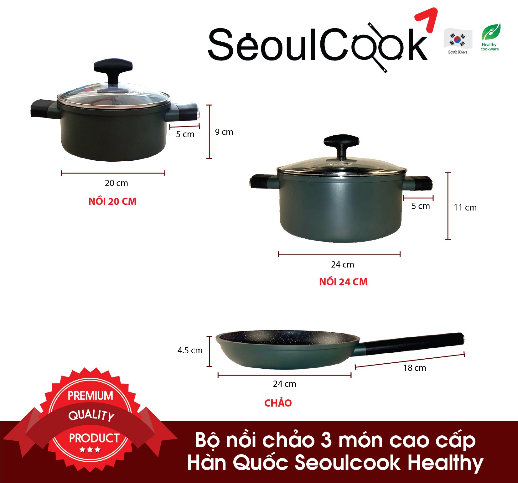 Bộ nồi chảo chống dính 4 món Hàn Quốc Seoulcook C1, nồi 20cm + nồi 24cm + chảo cạn 24cm đáy từ Healthy và chảo sâu lòng (E) 26 cm vân đá