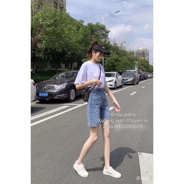 Quần short jean nữ trơn basic line rách - Hàng có sẵn