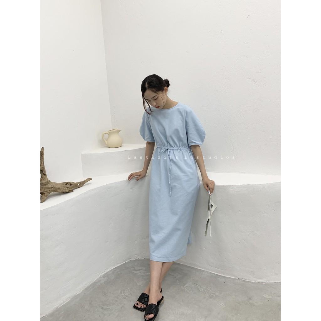Váy trơn Linen tay bồng rút dây Hàn Quốc