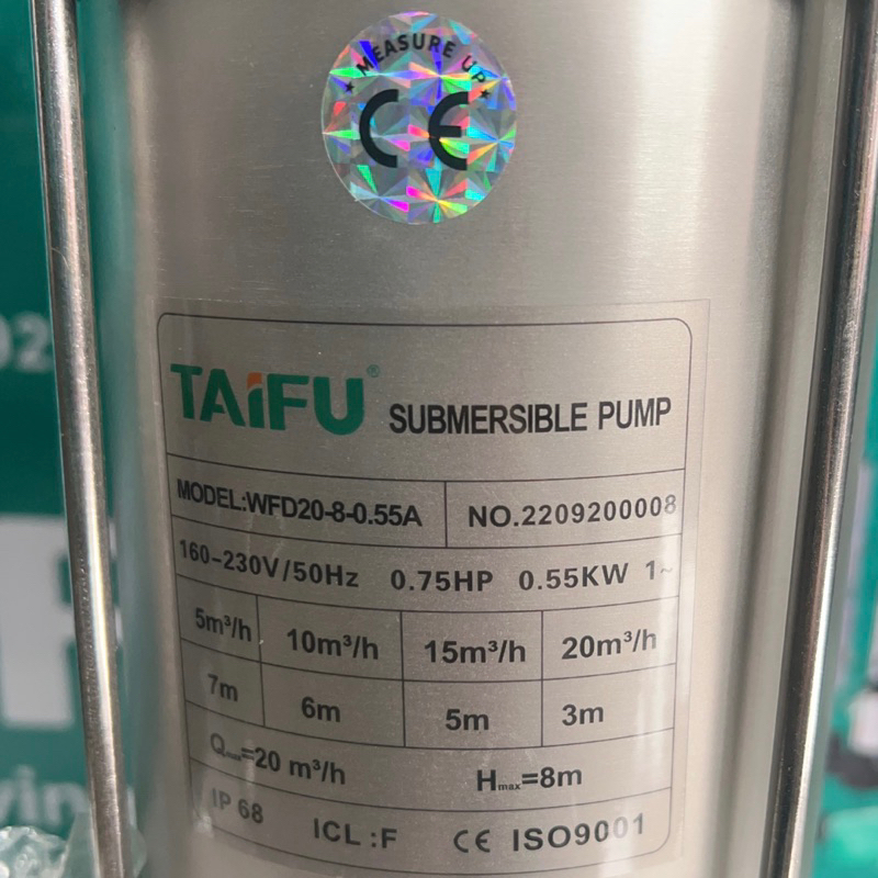 Máy bơm chìm nước thải 550W (0.75HP) Thân INOX 304 TAIFU WFD20-8-0.55A - Bảo hành 1 năm