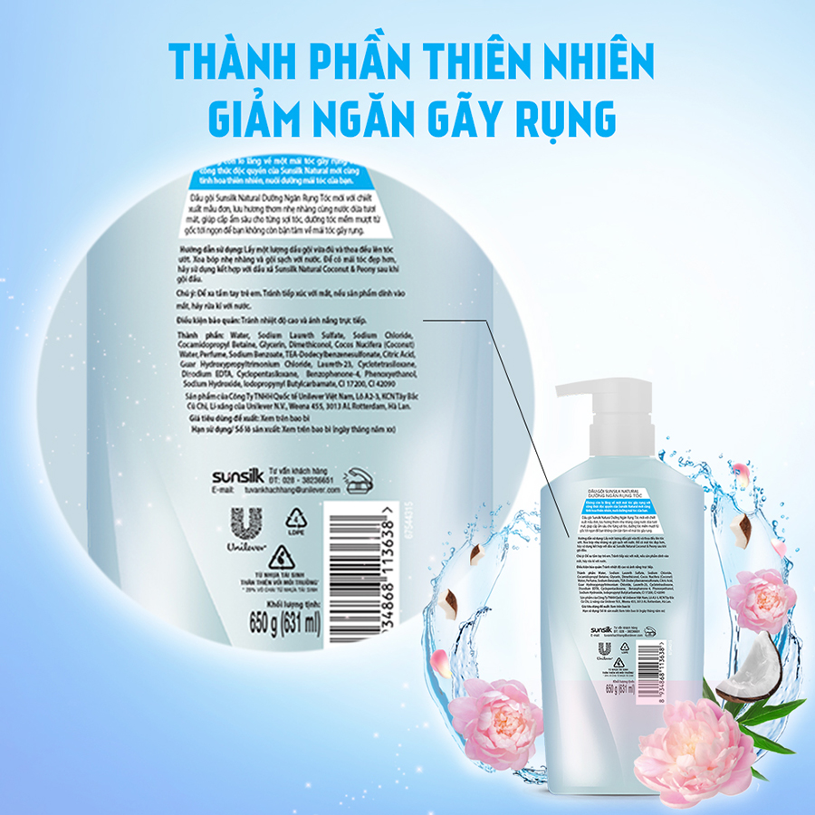 Dầu gội xả Sunsilk Dưỡng Ngăn Gãy Rụng 650gr, 320gr dành cho tóc gãy rụng với dưỡng chất thiên nhiên nước dừa &amp; hoa mẫu đơn