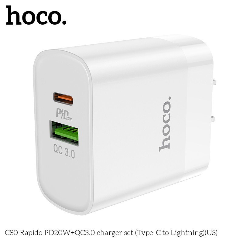 Bộ Sạc Nhanh Dành Cho Hoco. C80 PD20W QC3.0 2 Cổng Type-C + USB-A Kèm Cáp Type-C To IP Dây Dài 1m HÀng Chính Hãng