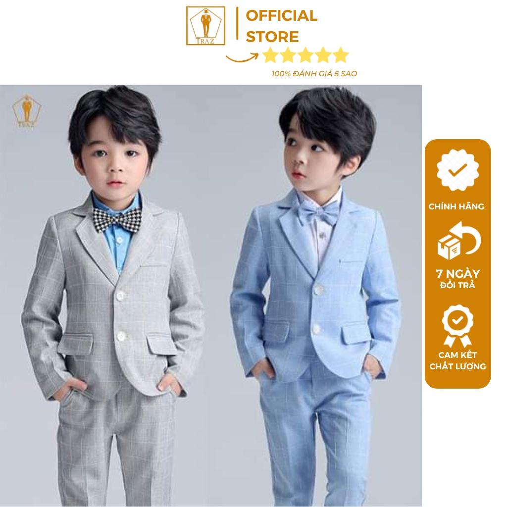 Set bộ vest TRAZ công tử(áo vest +quần) karo màu sáng xám xanh vest đầy tháng thôi nôi bé trai(bụng bự tăng 2 size)