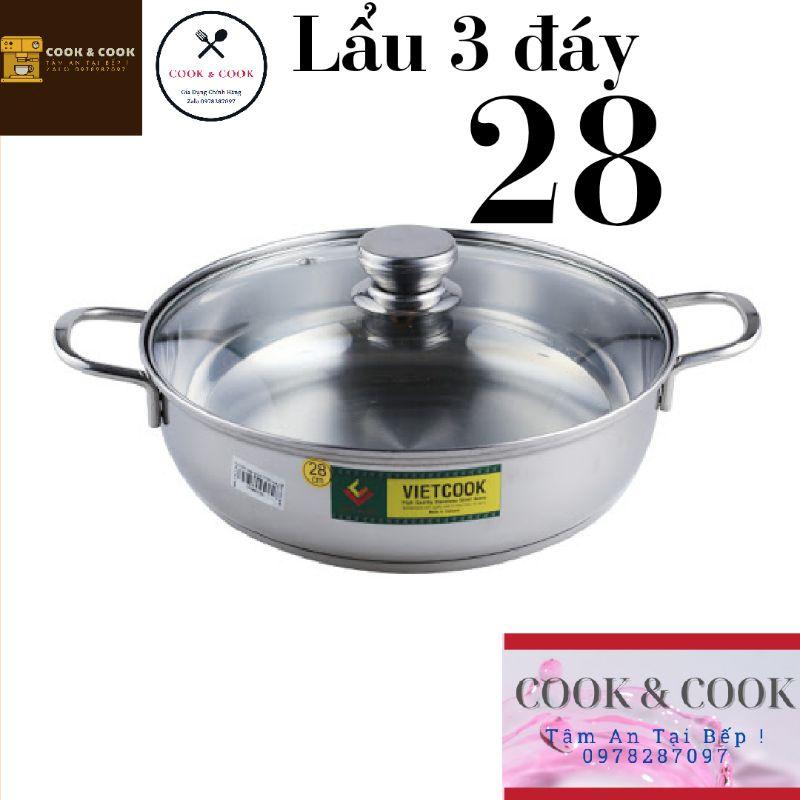 Nồi lẩu inox 3 đáy nắp kính size 26, 28 cm sử dụng trên bếp từ cao cấp