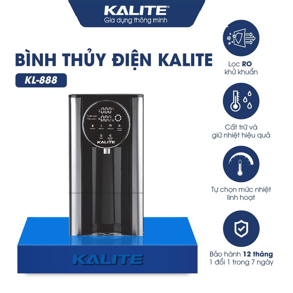 Bình thuỷ điện Kalite KL 888, dung tích 2,7L, công suất 2200W, bảng điều khiển cảm ứng, tùy chỉnh nhiệt độ và lượng nước, hệ thống lọc RO tự động, hàng chính hãng