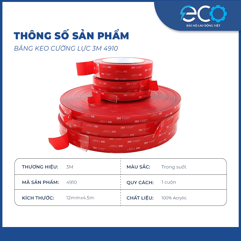 Băng keo cường lực 2 mặt trong suốt 3M 4910 (12mm x dài 4.5m) băng keo siêu dính, siêu cường lực
