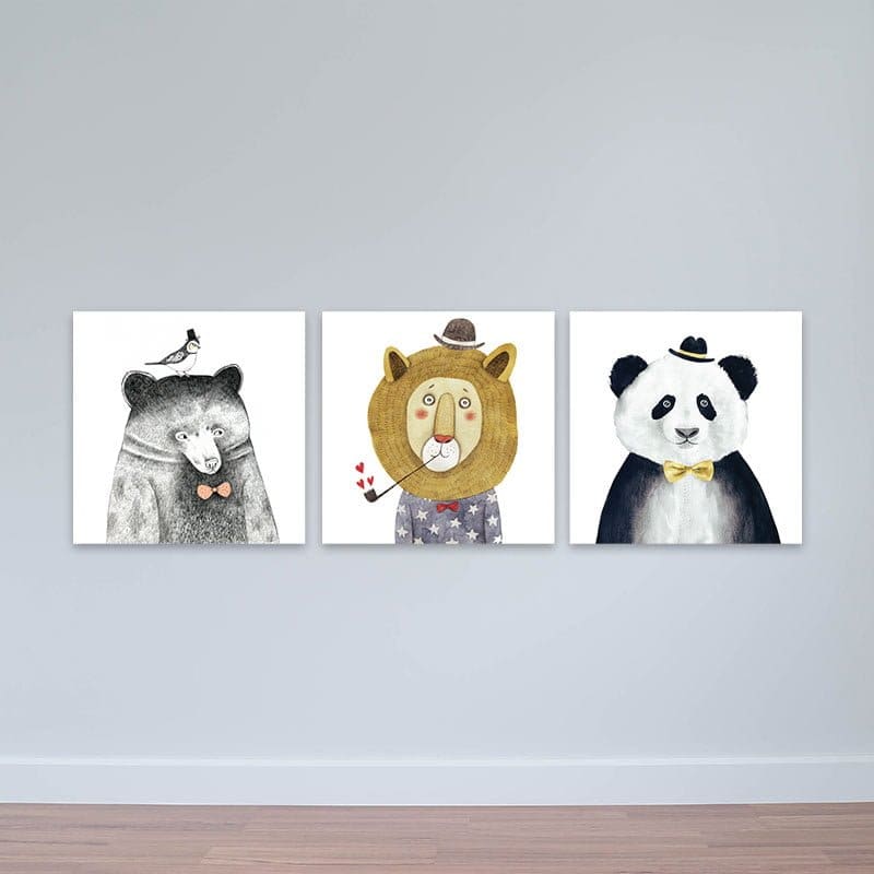 Bộ 3 tranh treo tường hiện đại "Gấu và sư tử" W2247 Canvas