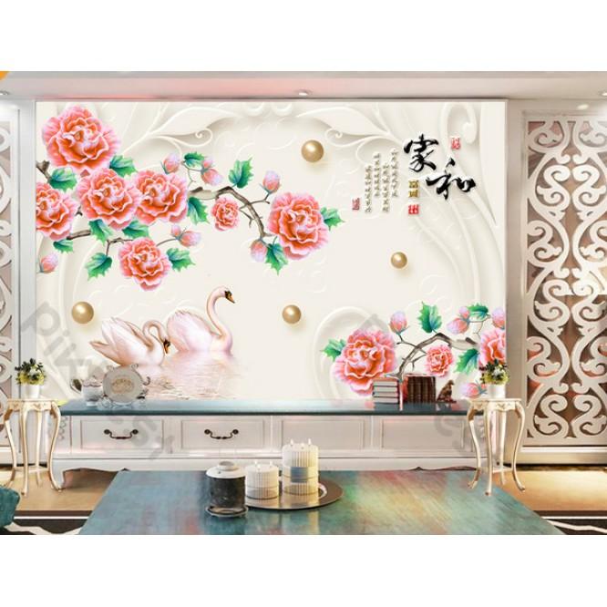 Tranh dán tường 3d trang trí phòng khách phòng ngủ hiện đại, cành hoa hồng và đôi thiên nga hạnh phúc MS1142467