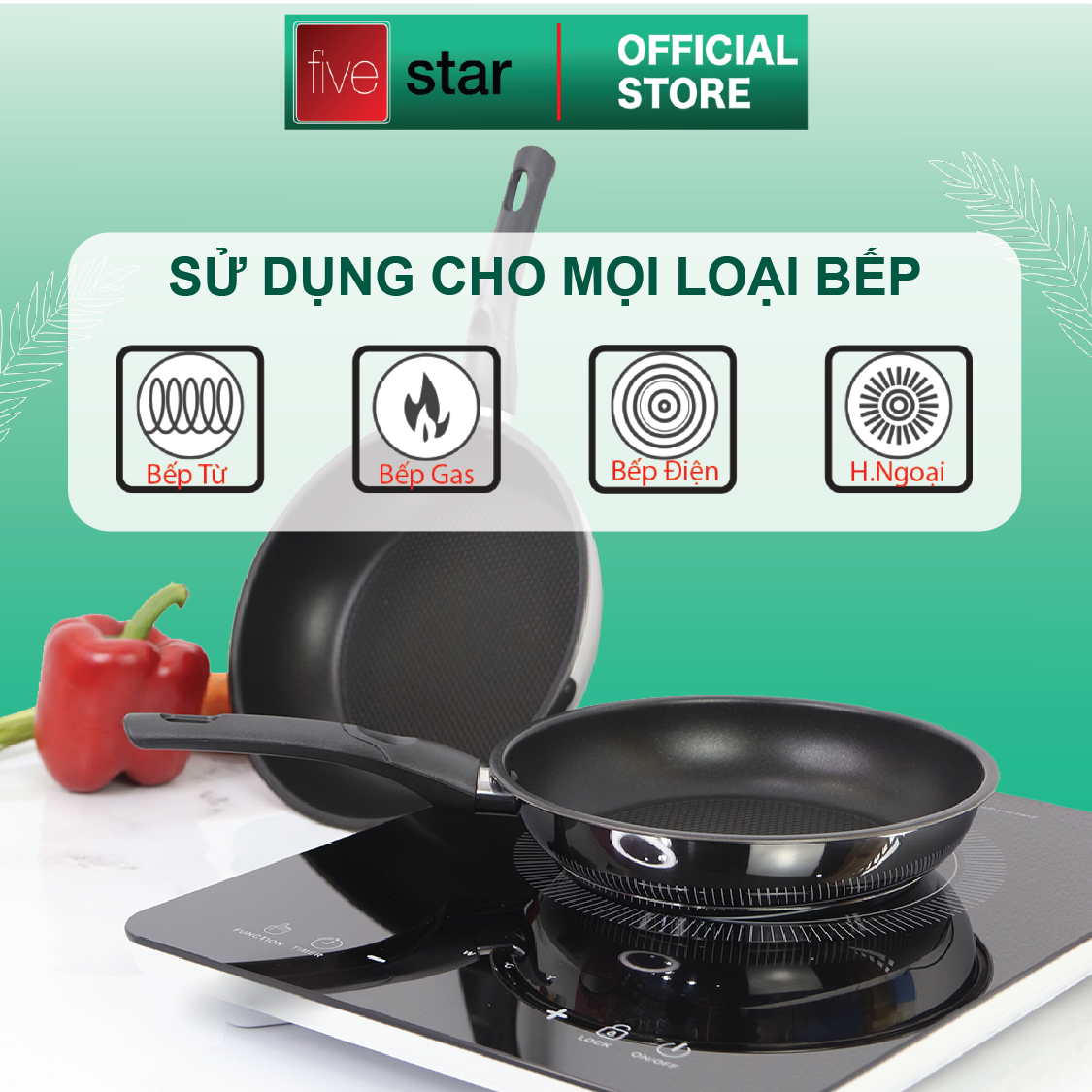 Bộ Nồi Inox và chảo Chống Dính 3 Đáy Inox 430 Cao Cấp Fivestar Standard 6 món bếp từ nắp kính , tặng 5 muỗng ăn