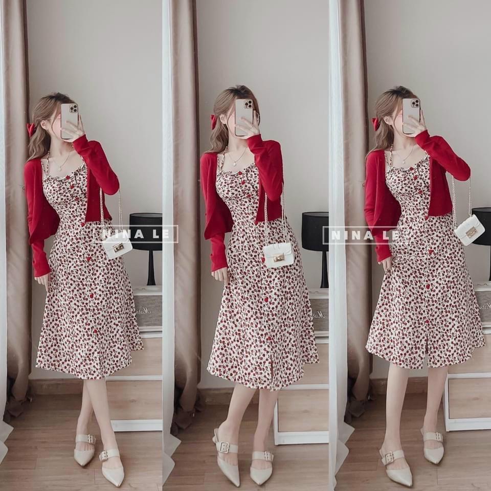 Đầm váy nữ 2 dây phối nút chất voan hoa kiểu tiểu thư kèm áo khoác ngoài tay dài xịn xò, sang chảnh cho nàng dạo phố