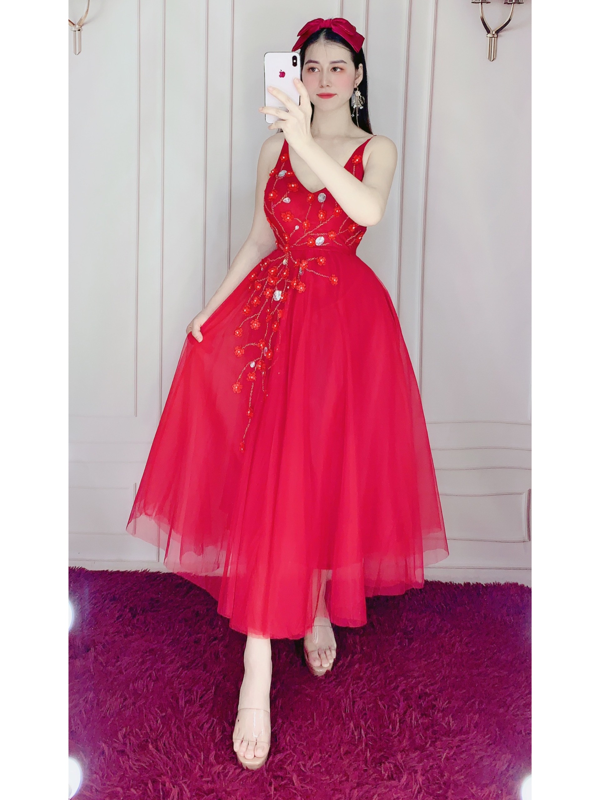 Đầm dự tiệc 2 dây kết cườm và hoa mai nổi TRIPBLE T DRESS - size M/L - MS301V