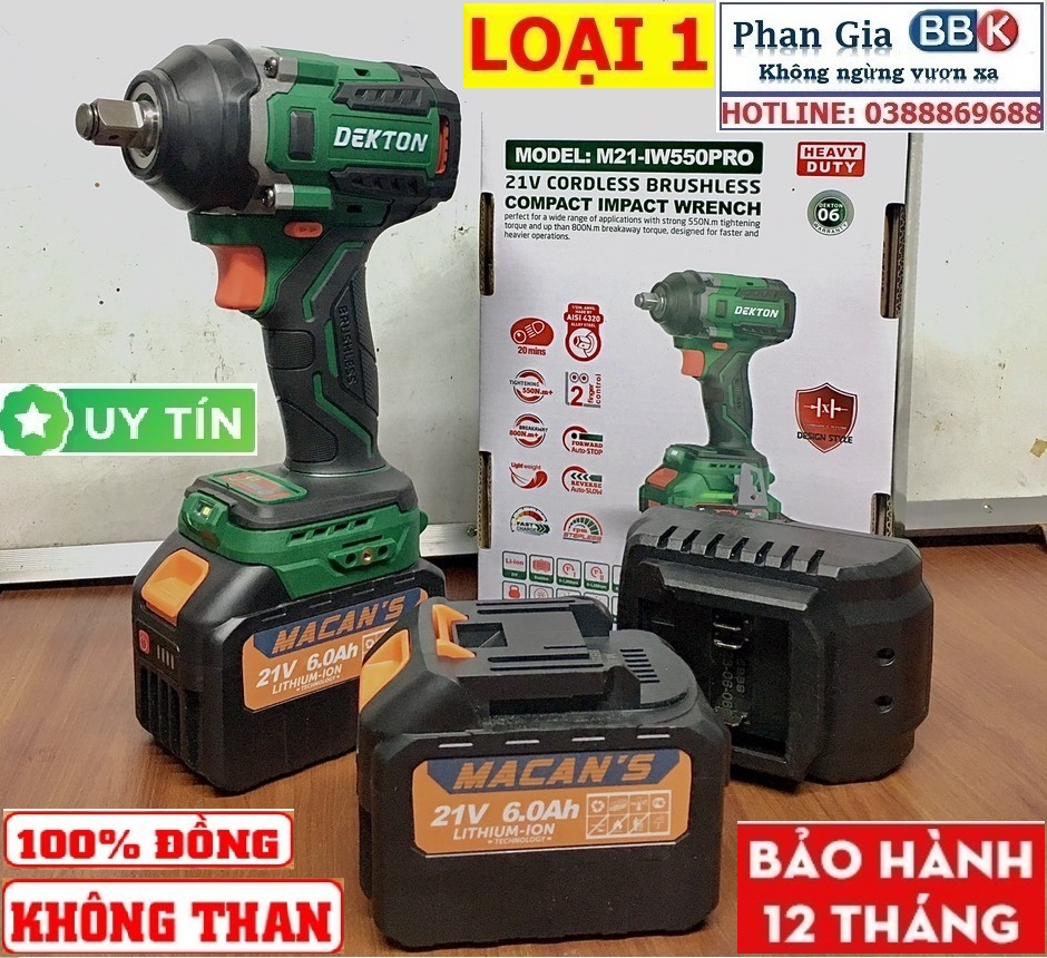 Máy Siết Bulong Dekton 550Nm, Bộ 2 Pin 15 Cell, Chân Pin Phổ Thông, Động Cơ Không Chổi Than