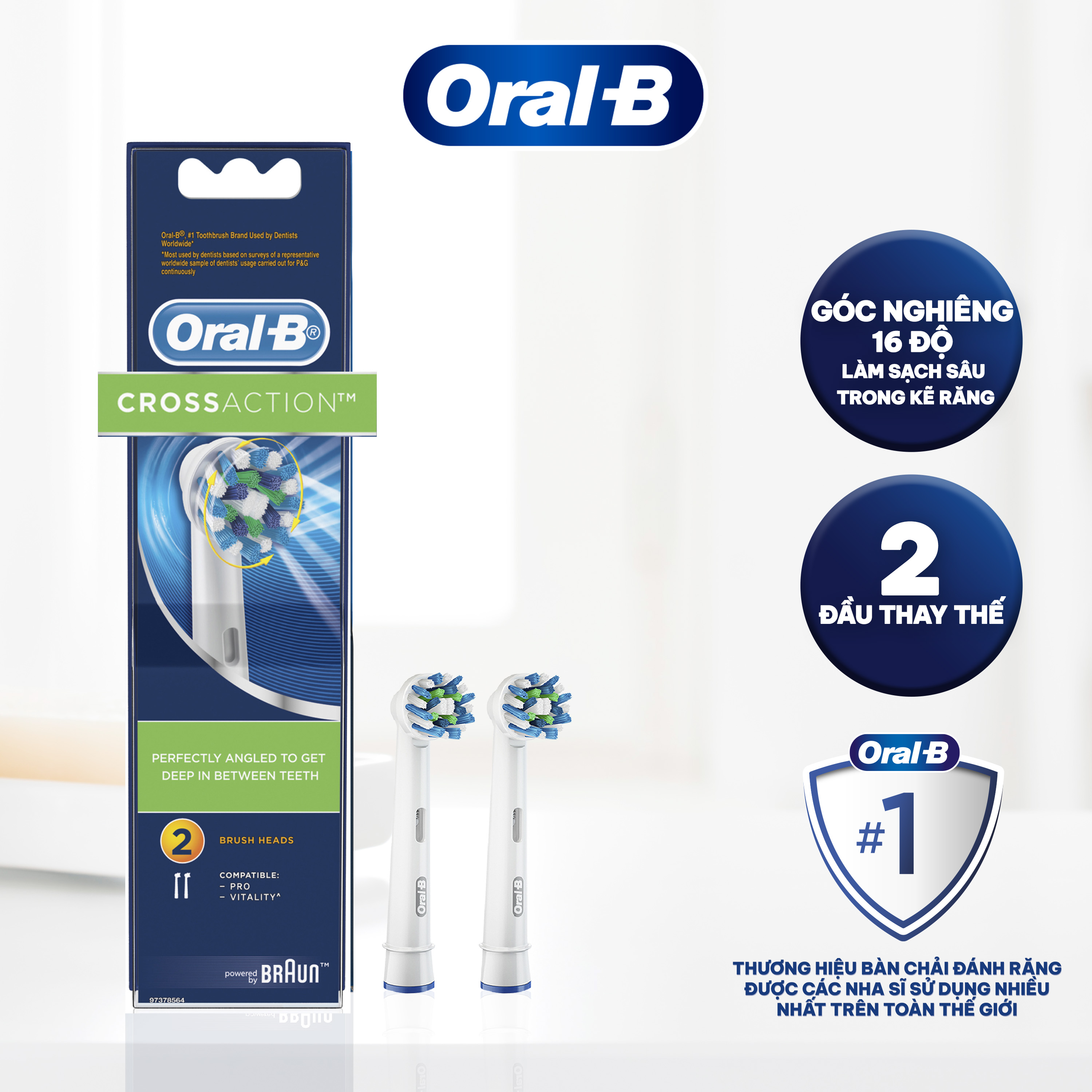 Combo Đầu Bàn Chải Điện ORAL-B Vitality Cross Action Làm Sạch Từng Kẽ Răng Hộp 2 Cái x2