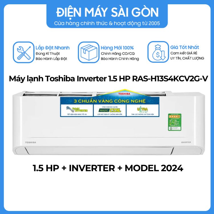 Máy lạnh Toshiba Inverter 1.5 HP RAS-H13S4KCV2G-V - Hàng chính hãng (chỉ giao HCM) - TỰ LÀM SẠCH - KHÁNG KHUẨN KHỬ MÙI - LỌC BỤI MỊN