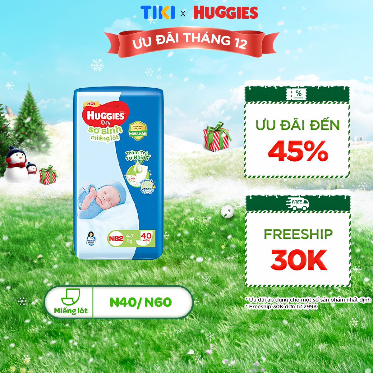 Miếng lót sơ sinh Huggies Tràm Trà Newborn 2 (4-7kg) - N40 Gói 40 miếng và N60 - Gói 60 miếng