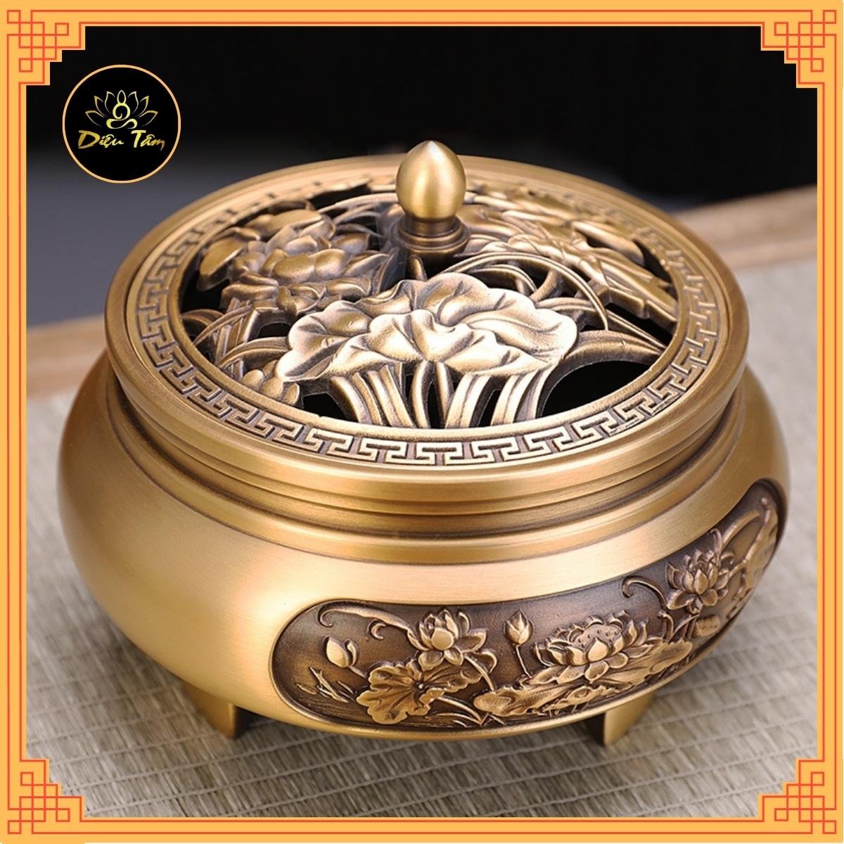 Lư đồng xông trầm - lư đốt trầm thay cho thác khói trầm hương, đồ thờ cúng shop Diệu Tâm mẫu Lư 3 chân khắc sen