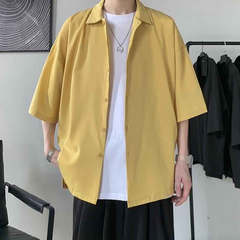 Áo Sơ Mi Tay Ngắn Dáng Rộng Màu Trơn Cổ Bẻ Phong Cách Harajuku Thời Trang Cho Nam Faruiline FARU019