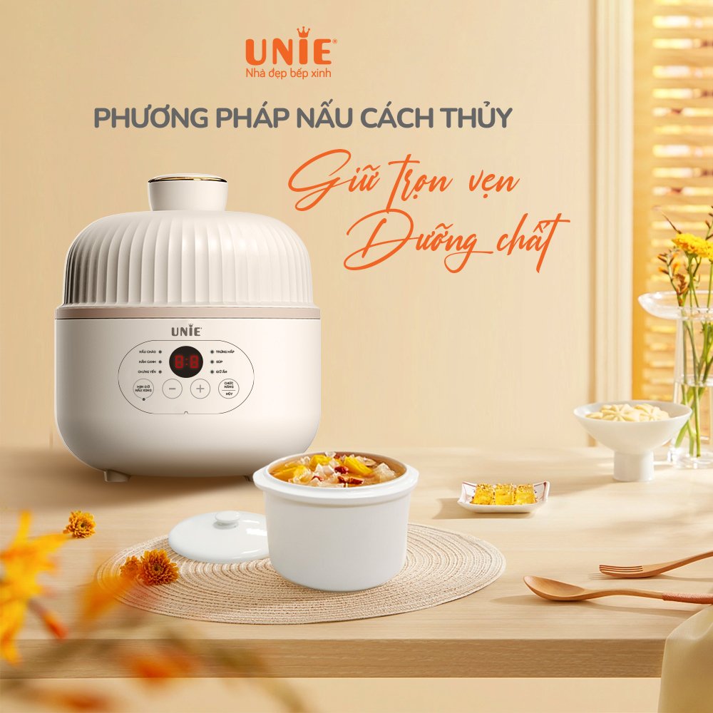 Nồi Nấu Cháo Chưng Yến Kho Cá Chậm Unie USC08W Chống Trào Chống Cháy 0.8 Lít Công Suất 200 W - Hàng Chính Hãng