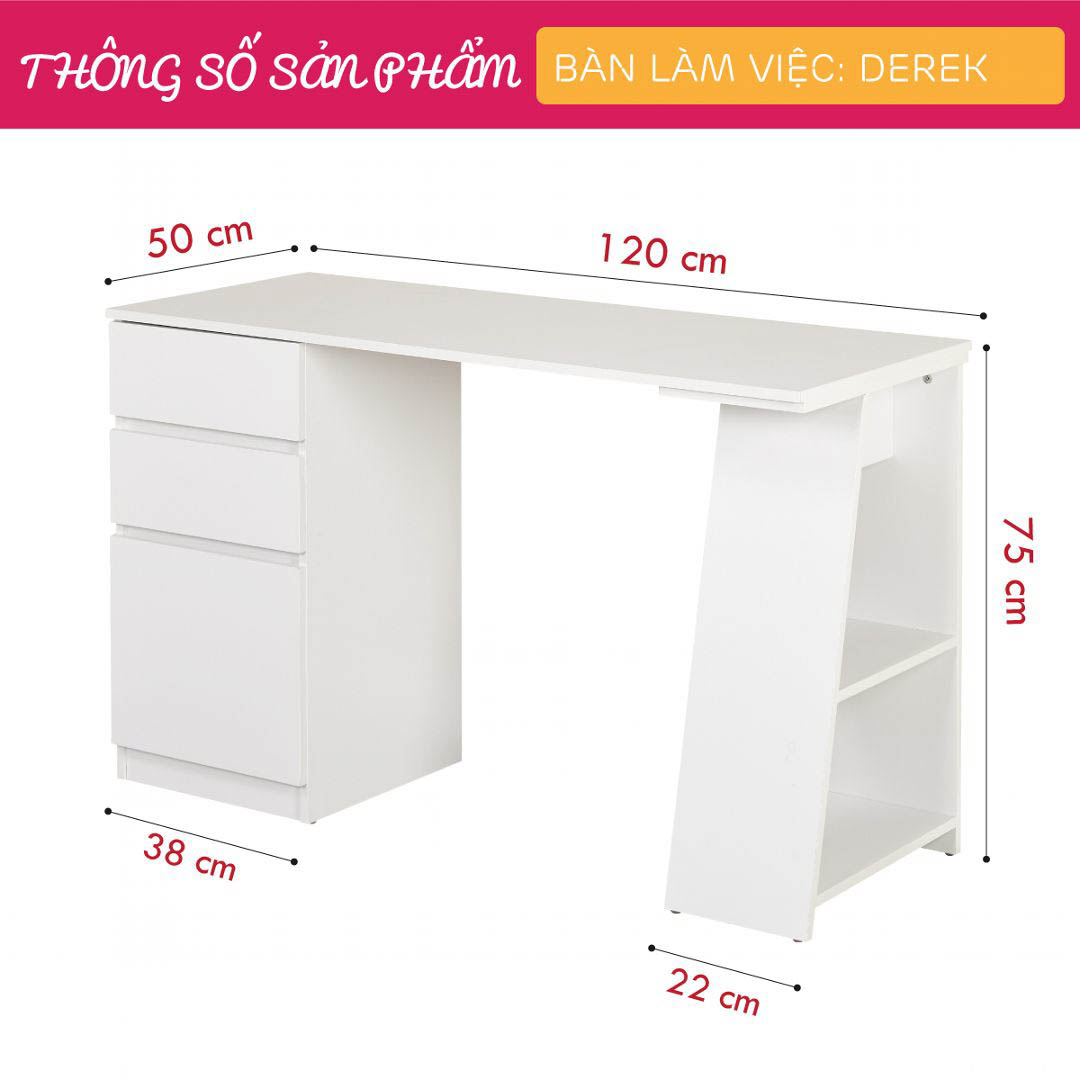 Bàn làm việc, bàn học gỗ hiện đại SMLIFE Derek  | Gỗ MDF dày 17mm chống ẩm | D120xR50xC75cm