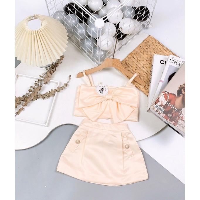 Set áo dây croptop nơ sau lưng kèm chân váy tatta cho bé gái thôi nôi - áo crt kèm chân váy chữ A tacta - áo quần trẻ em