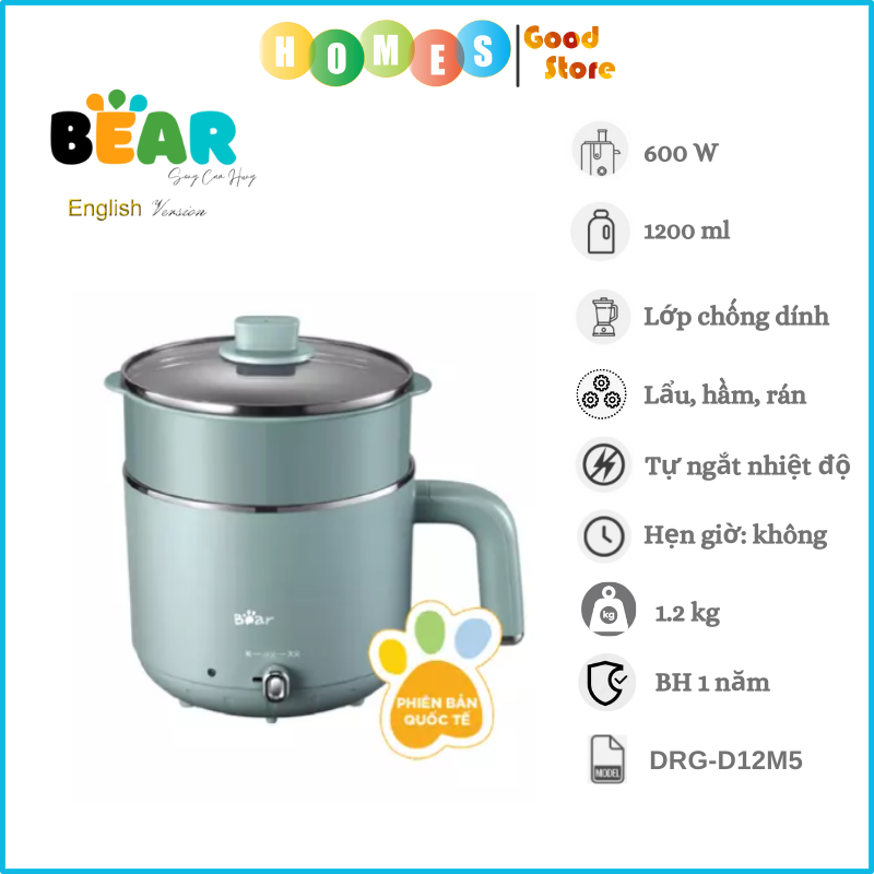 Nồi Điện Đa Năng BEAR DRG- D12M5, Dung Tích 1.2L, Công Suất 600W - Hàng Chính Hãng