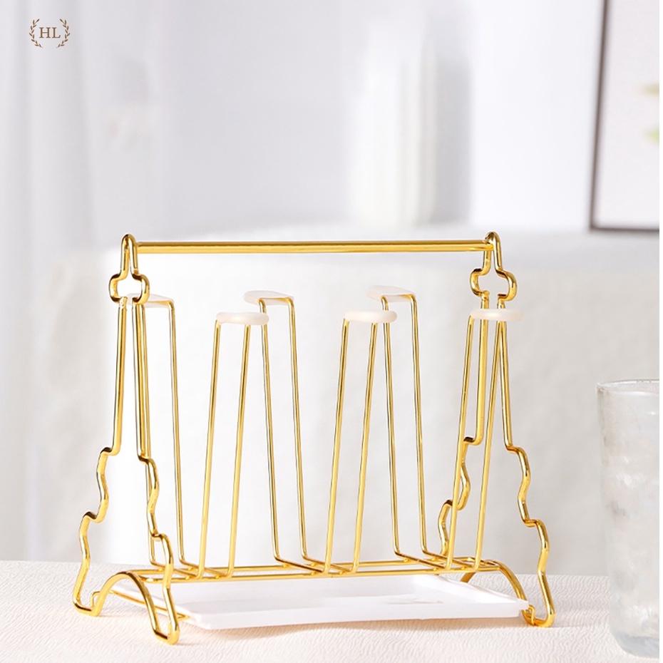 Úp cốc Decor có khay hứng nước và núm chống trơn | Úp ly Inox Vàng Gương Hoàng Kim kiểu dáng Tháp EiFFel độc đáo cao cấp