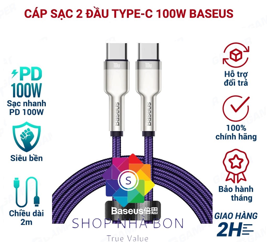 Cáp sạc nhanh 100W type c to type c Baseus Cafule Series Metal - dây sạc 2 đầu type c bọc dù dài 1m 2m cho androi samsung oppo,...vv - hàng chính hãng