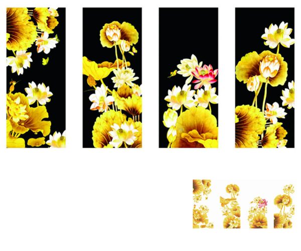 Tranh đính đá Tứ quý kim sắc hoa sen 145X75cm - chưa đính